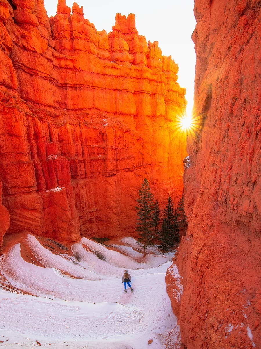 Two Bridges switchbacks on the Navajo Loop Trail at sunrise in Bryce Canyon National Park, Utah