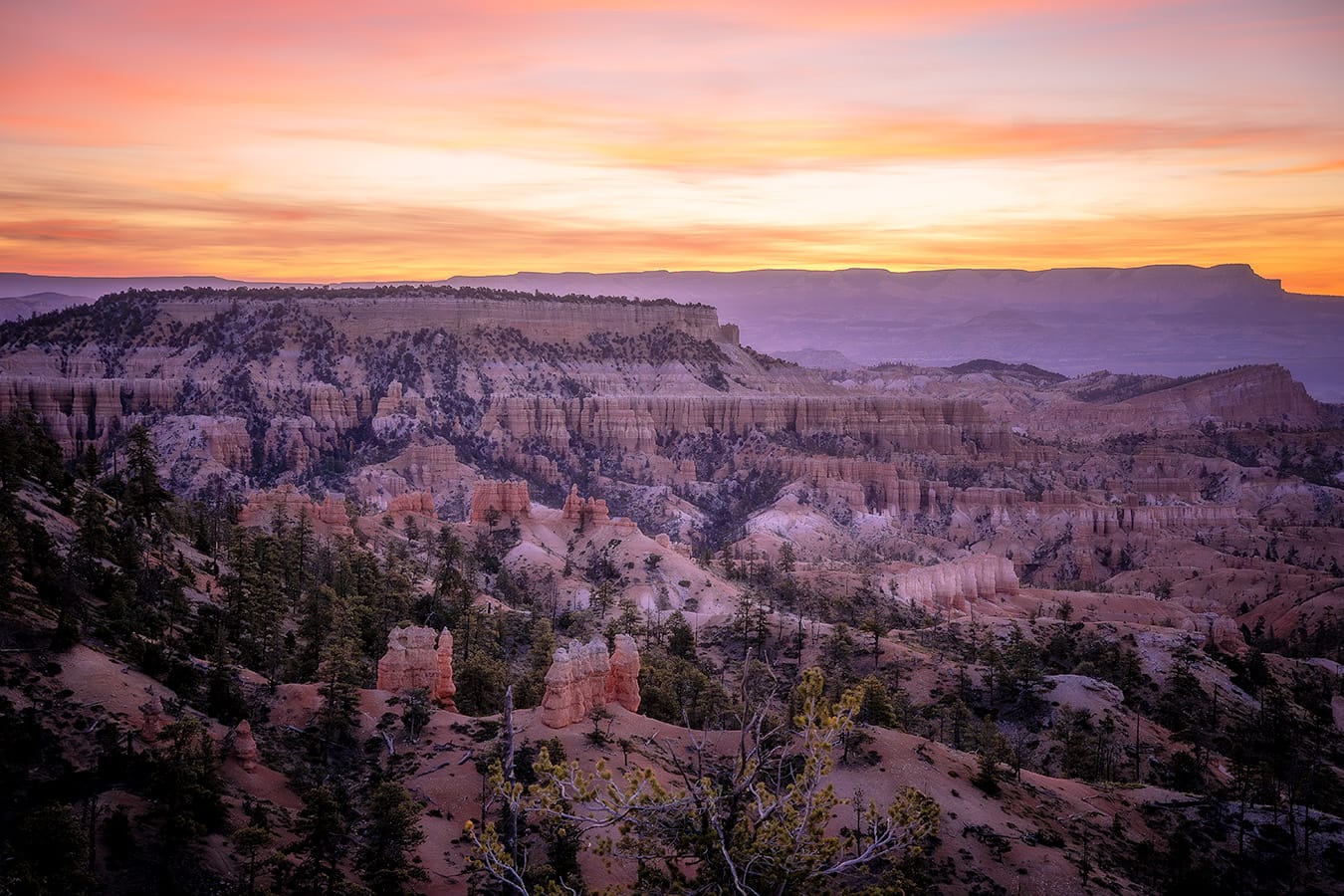 Sunrise over the hoodoos at Sunrise Point in Bryce Canyon National Park, Utah, with orange and pink rock formations illuminated by morning light.