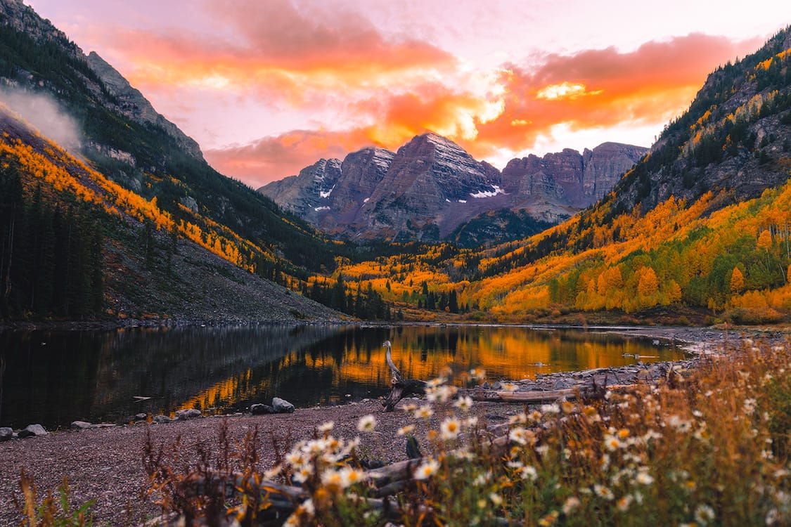 Sunset over the Maroon Bells during fall colors