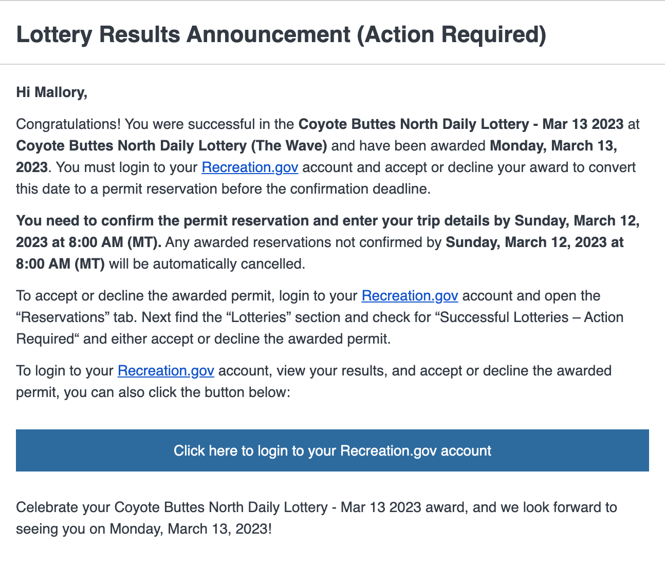 Recreation.gov email confirming a winning Coyote Buttes North lottery permit to hike The Wave in Arizona.