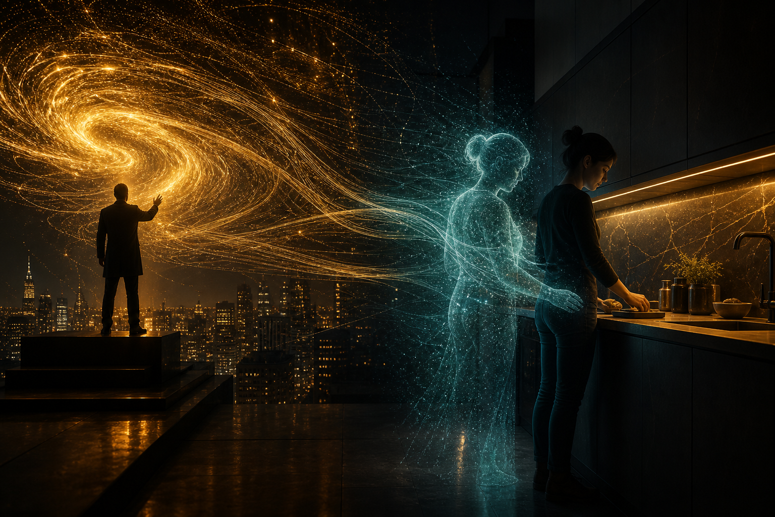 Artwork for AI Agents and Second Self: a conductor over the city, a second self in the kitchen