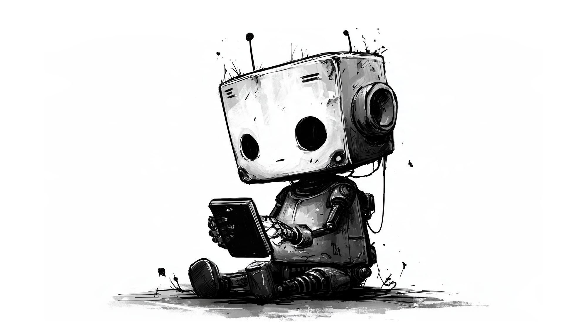 A small AI Agent robot sitting on the floor and using the apps on a smartphone.