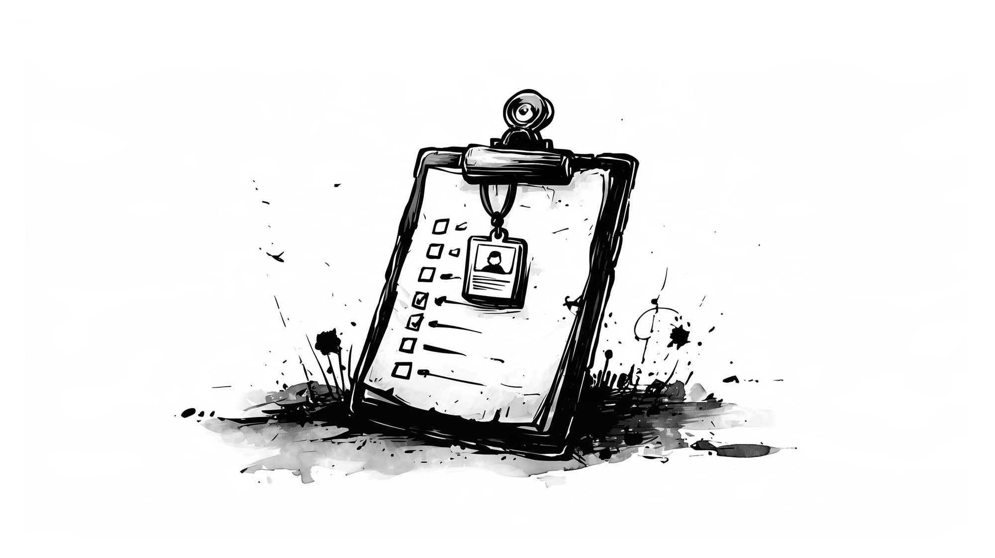 A tilted clipboard featuring a checklist with tick boxes and a hanging employee ID badge, surrounded by expressive ink splatters on a white background.