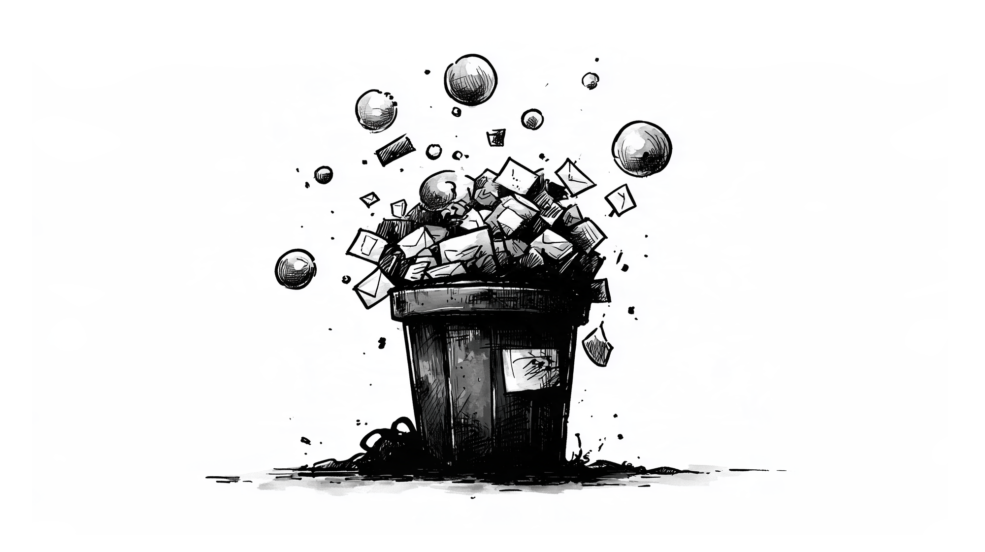 An overflowing trash bin filled with crumpled papers, envelopes, and discarded items. Floating spheres and scattered debris surround the bin, symbolizing AI slop.