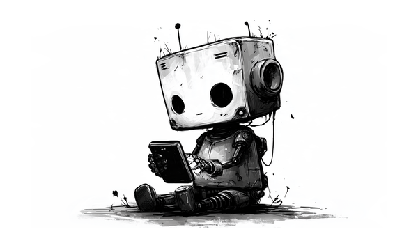 A small AI Agent robot sitting on the floor and using the apps on a smartphone.
