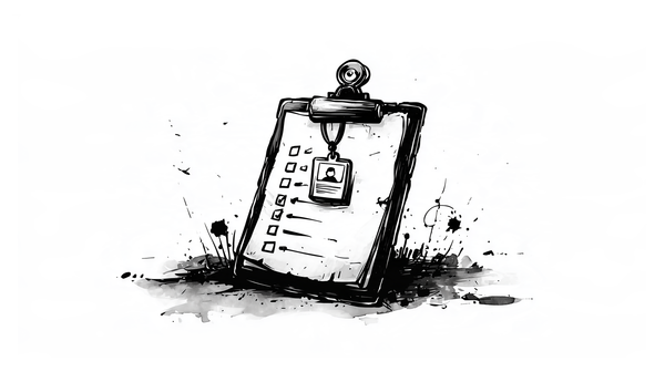 A tilted clipboard featuring a checklist with tick boxes and a hanging employee ID badge, surrounded by expressive ink splatters on a white background.