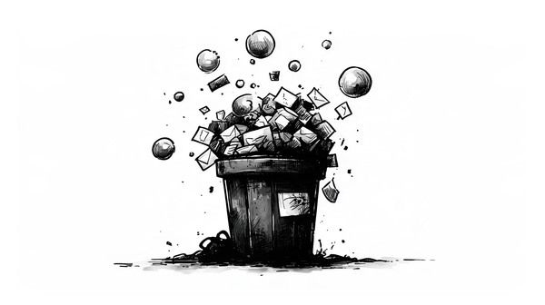 An overflowing trash bin filled with crumpled papers, envelopes, and discarded items. Floating spheres and scattered debris surround the bin, symbolizing AI slop.