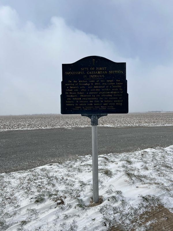Historic marker of Indiana's first Caesarian section where both mother and baby lived.