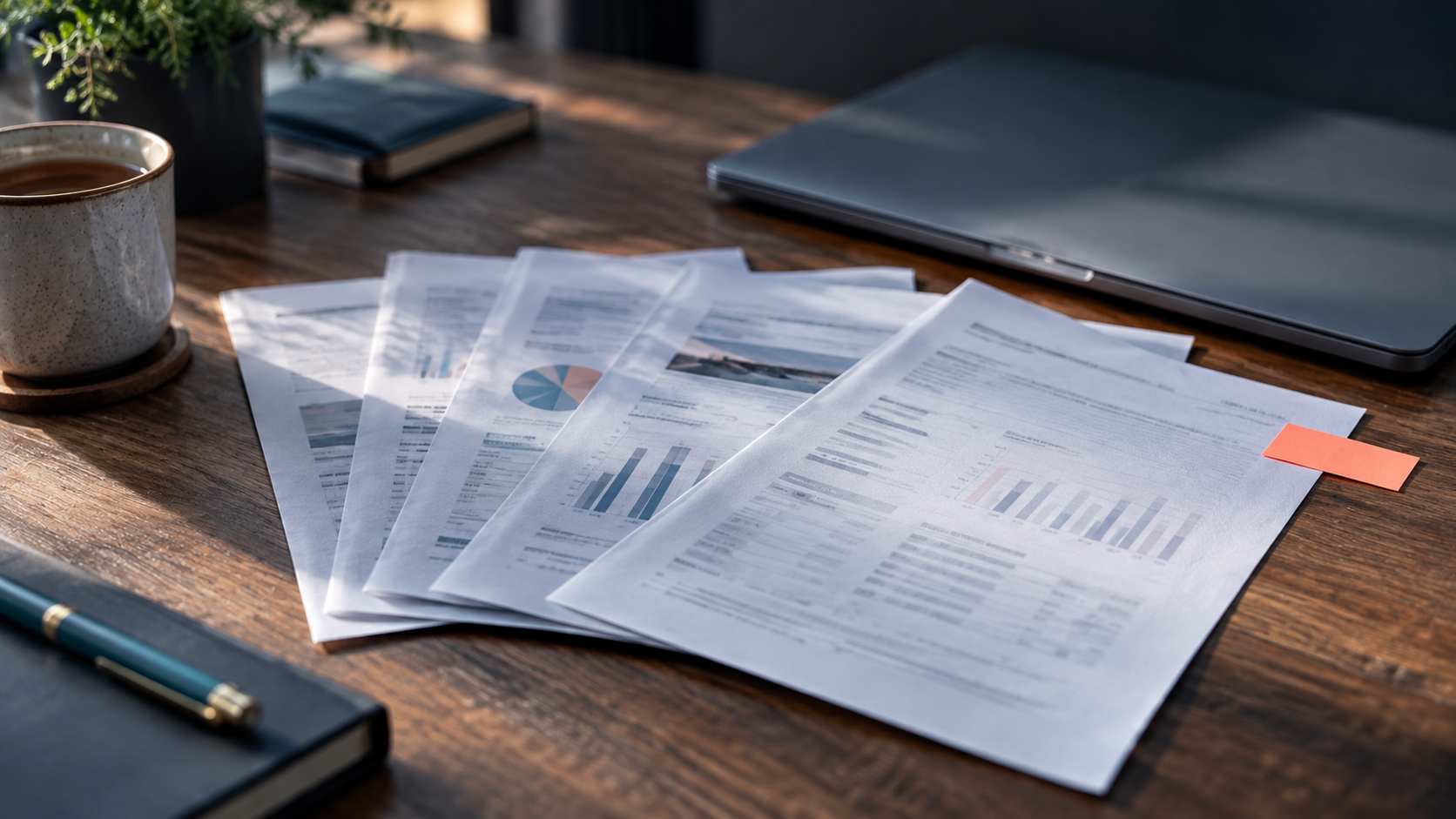 A fan of paper documents on a desk with one sheet pulled out and marked with an orange tab.