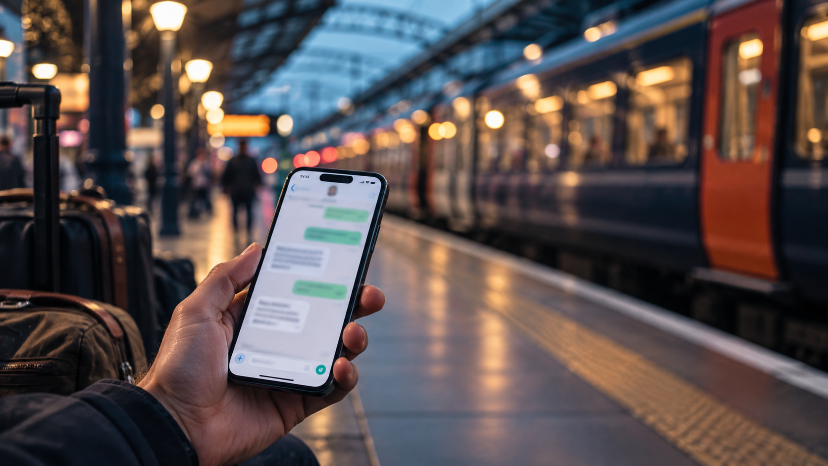 A hand holding a phone with a message thread on a railway platform, a train waiting in soft focus.
