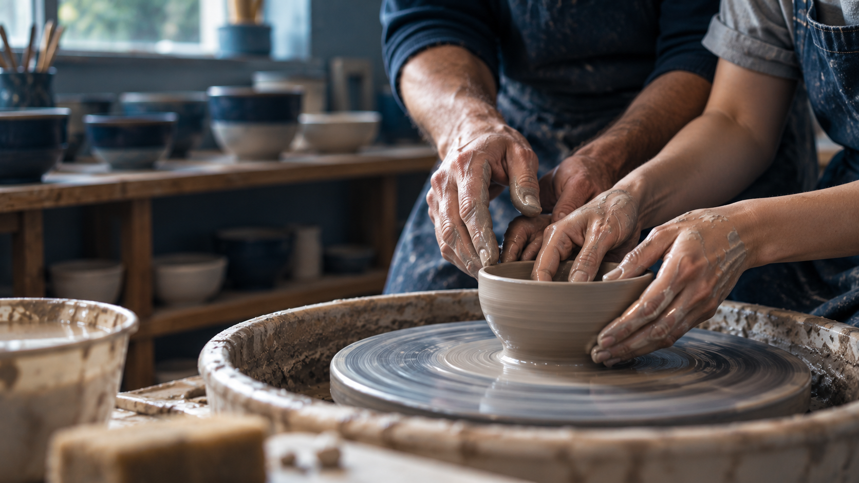 An experienced potter's hands guiding a learner's hands on a spinning bowl.