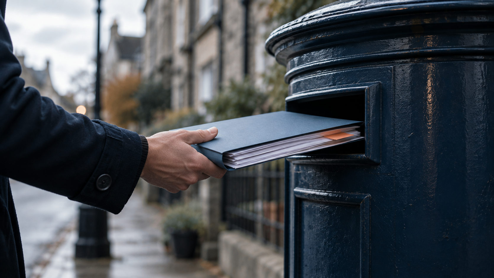 A hand hesitating before posting a folder of papers into an unmarked postbox.