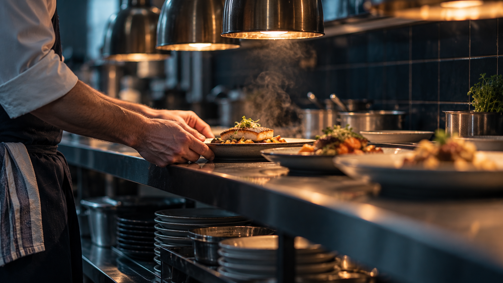 A chef's hands checking a finished plate at the pass before it goes out.