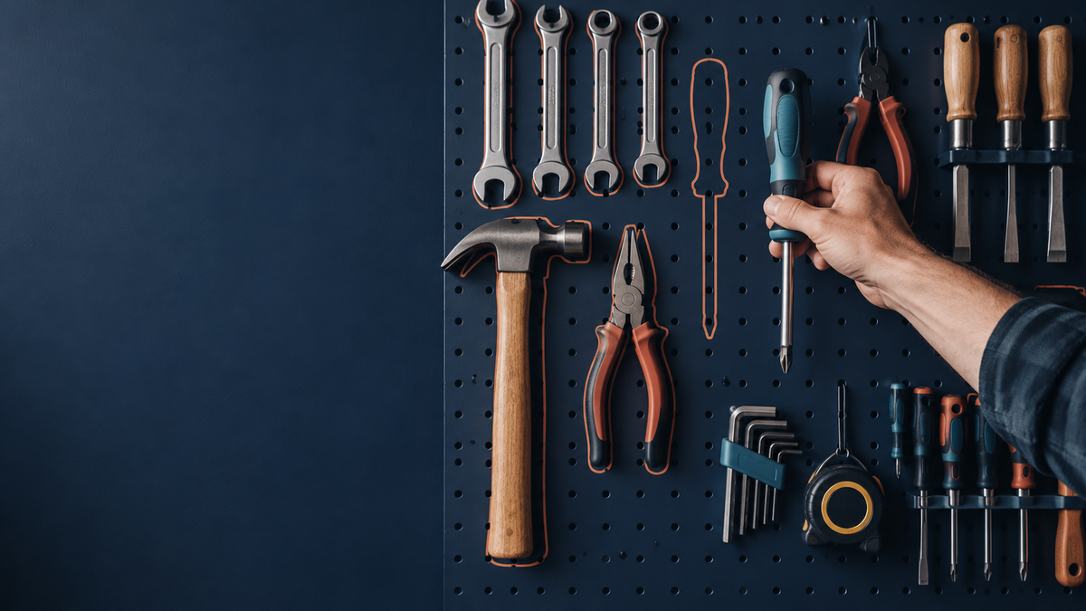 A hand lifting a teal-handled screwdriver from a neat pegboard of tools on a deep navy wall.