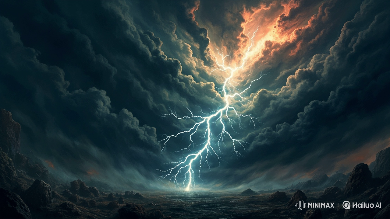 A AI generated image of a gloomy and cloudy scene with a strong lightning bold symbolizing the wrath of God