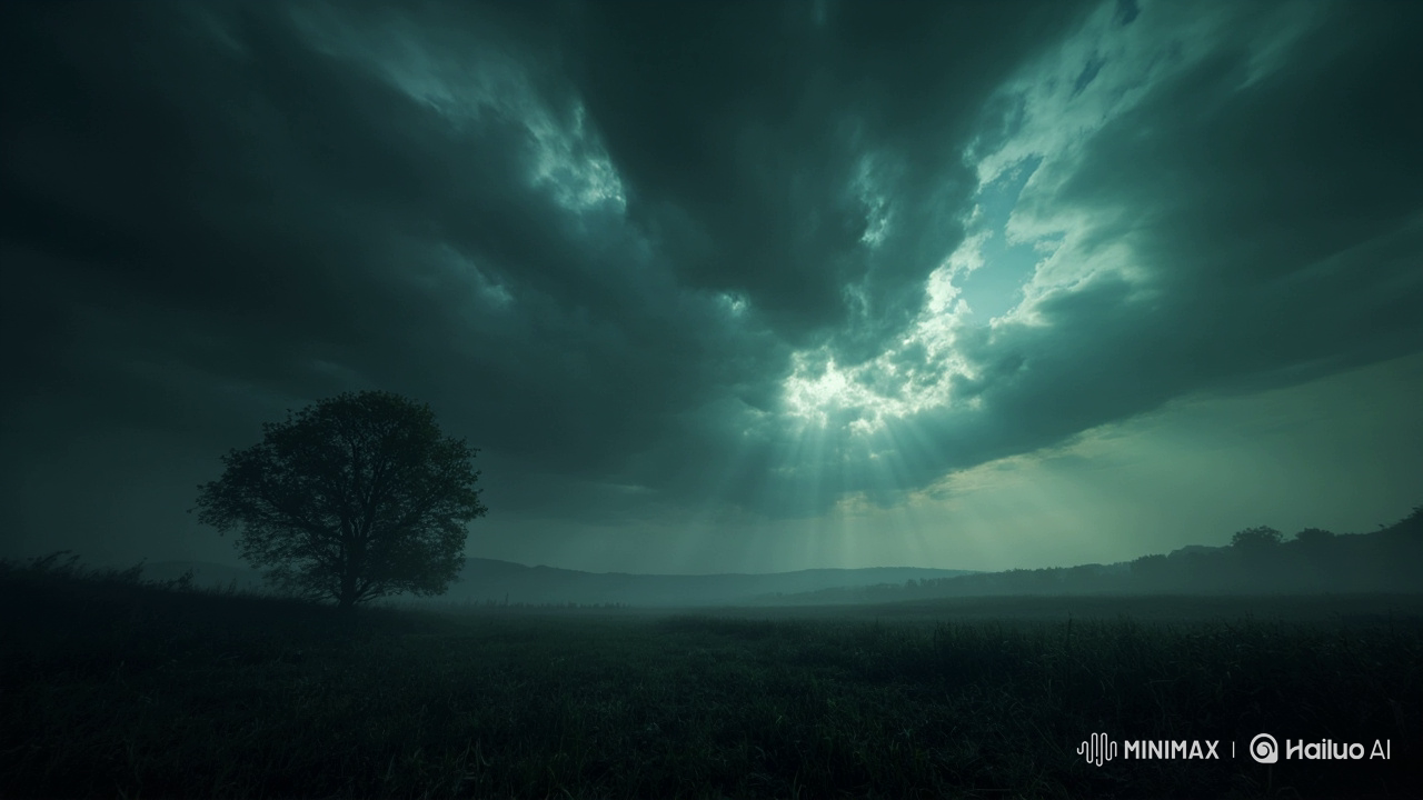 An AI generated image of a dark foreboding cloudy scene with a bright light of hope emerging