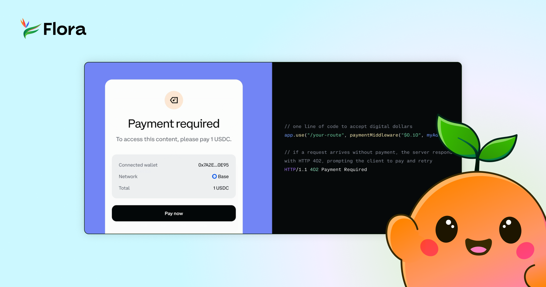 Interface showing a payment-required prompt next to code demonstrating Coinbase x402 per-request payments