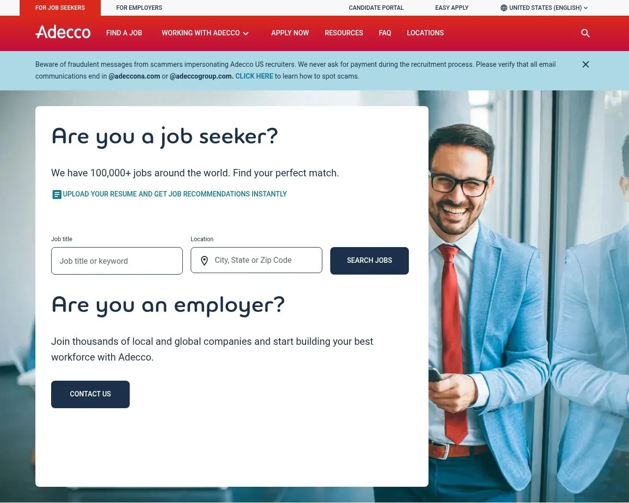 Screenshot of the Adecco website homepage