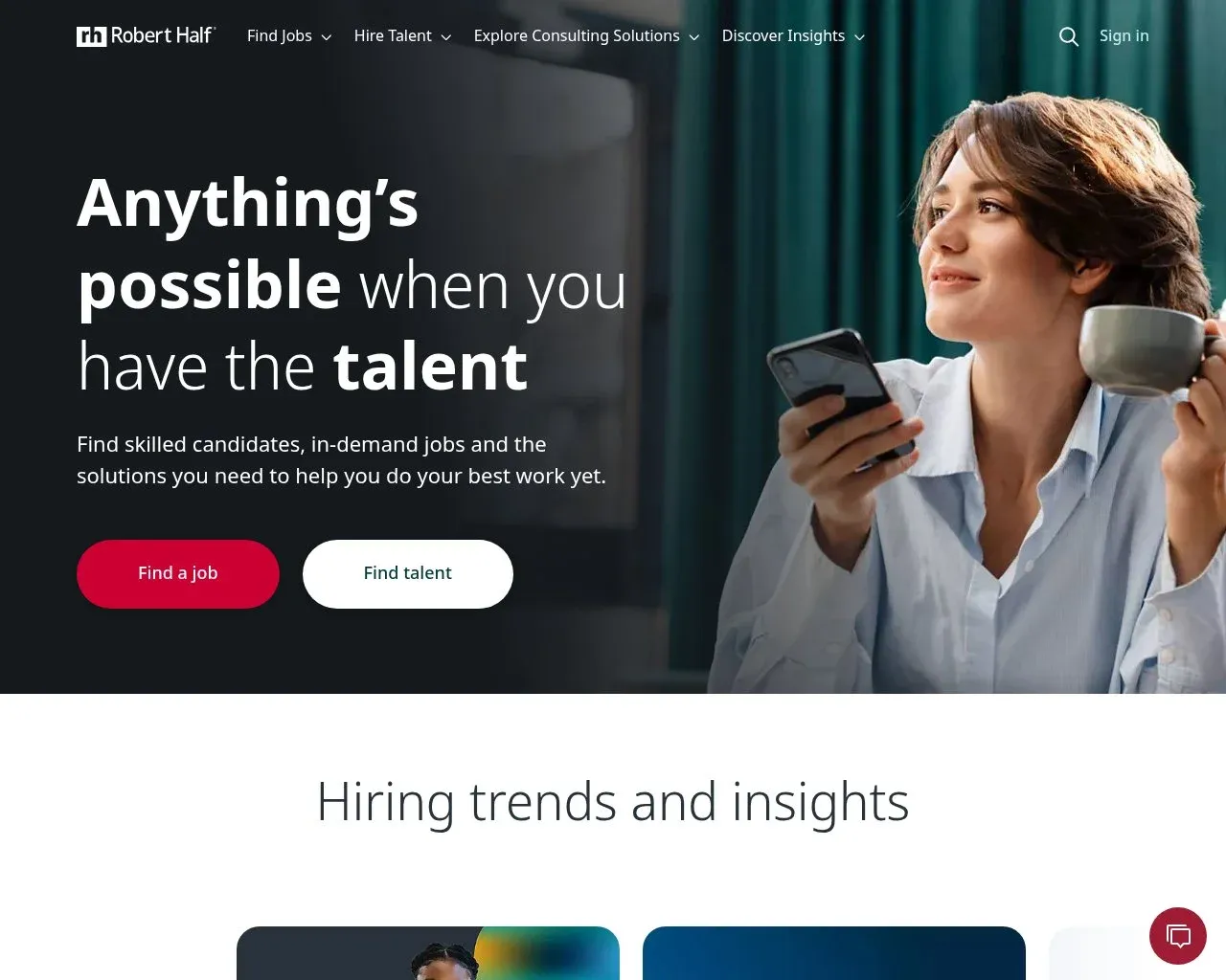 Screenshot of the Robert Half website homepage