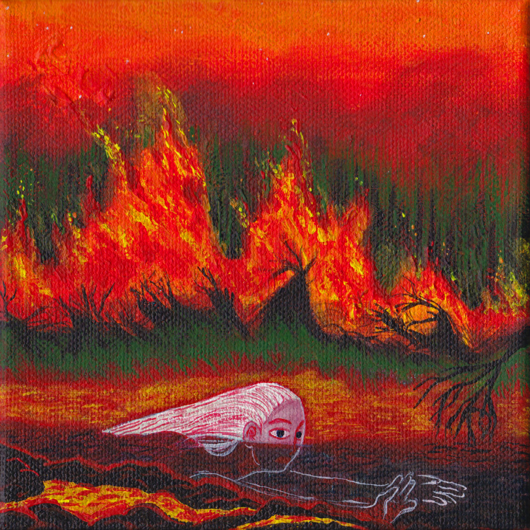 Female figure with long white hair swimming away in a red, burning volcanic landscape