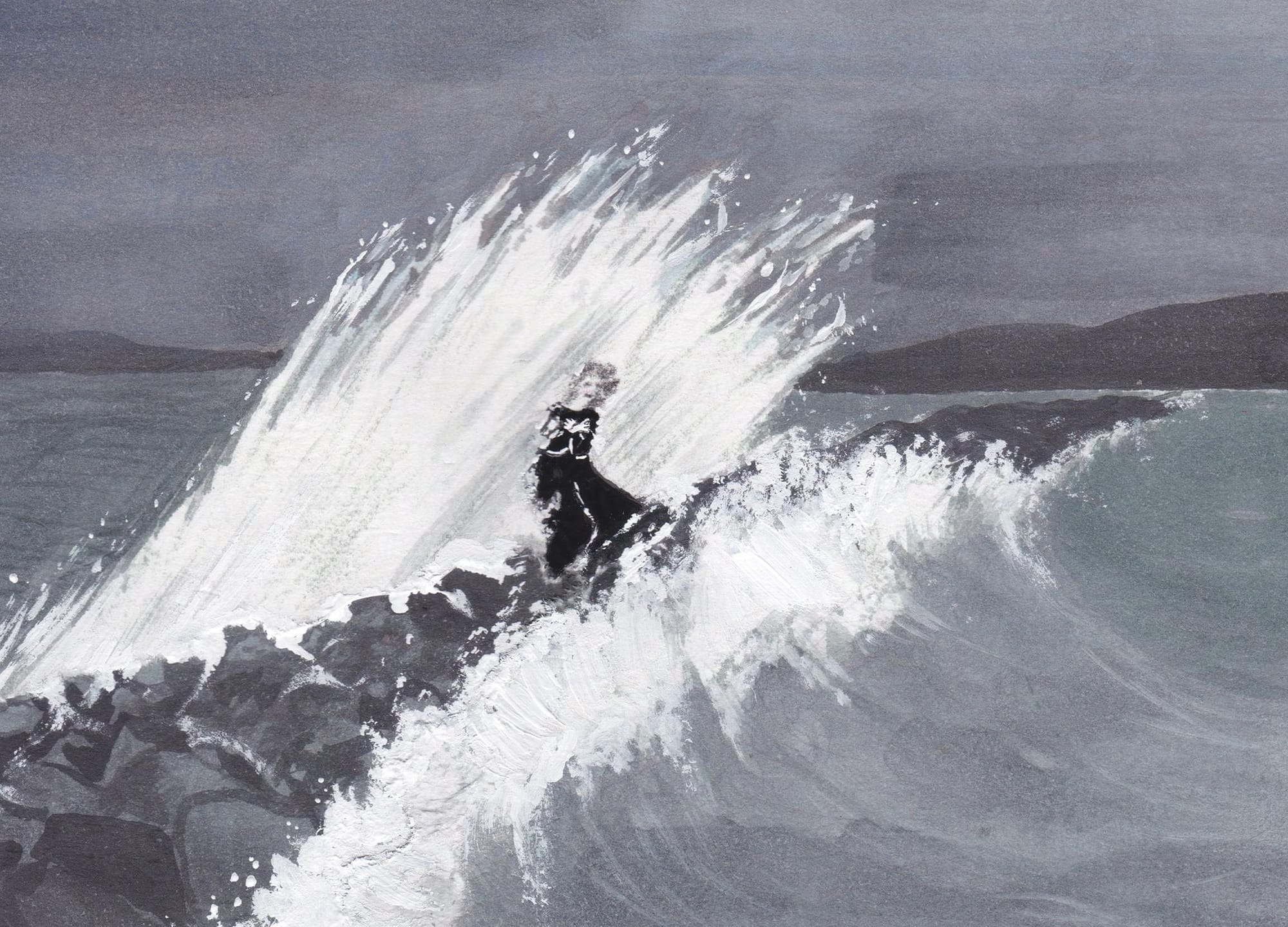 Female figure dressed in black, hit from behind by a big wave on a breakwater.
