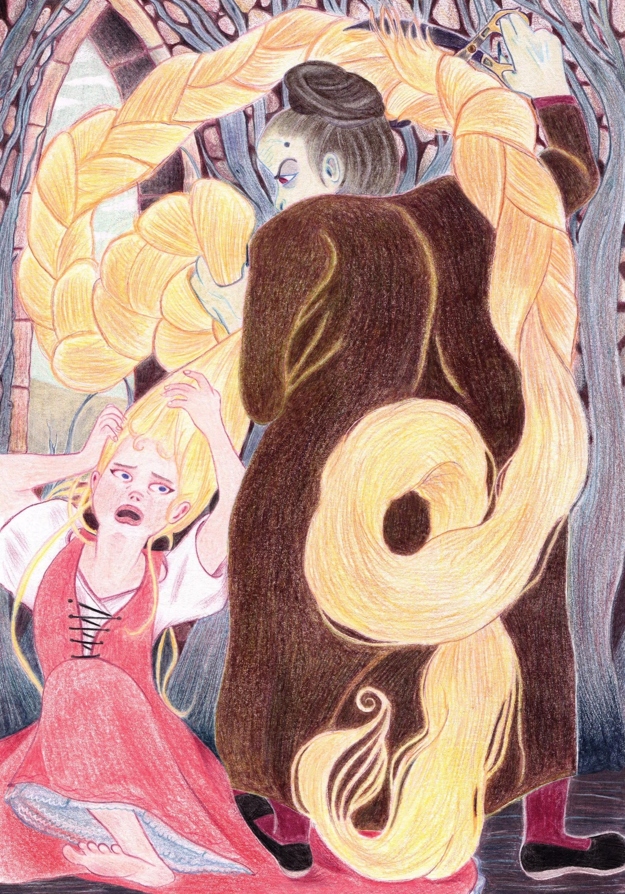 Large witch standing on Rapunzel's hair, grabbing her big golden braid to cut it away