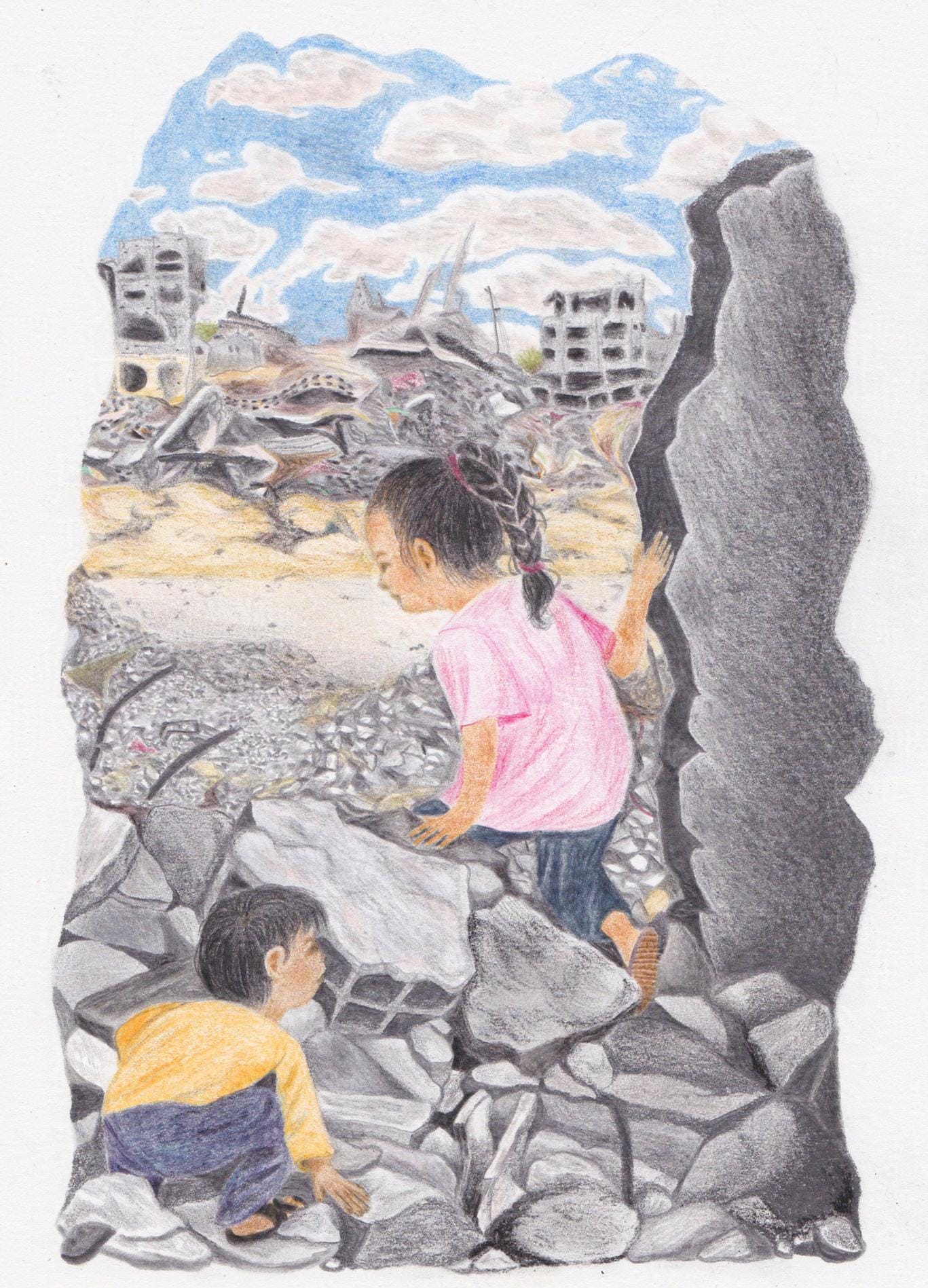 Two children climbing atop rubble in destroyed Gazan landscape