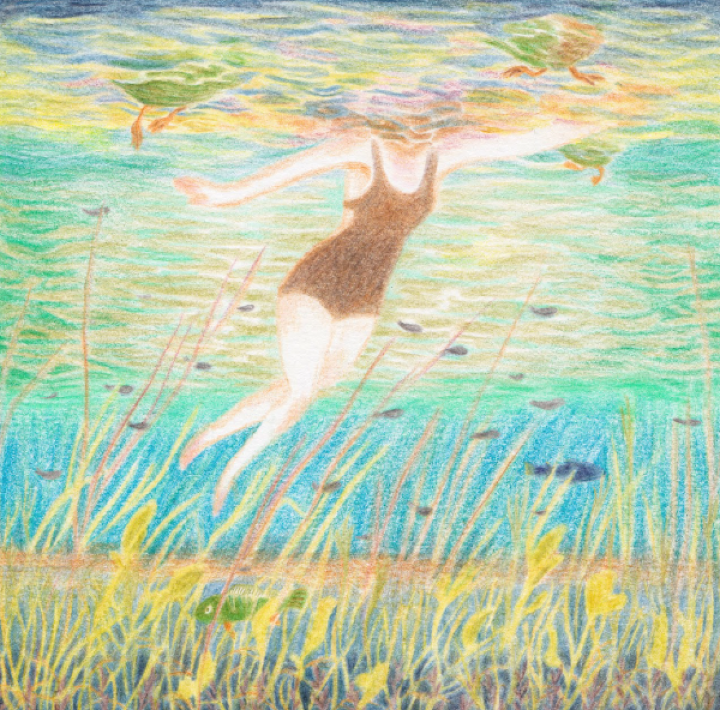 Underwater pond scene showing body of female character swimming among ducks and fishes in hues of green, blue and yellow.