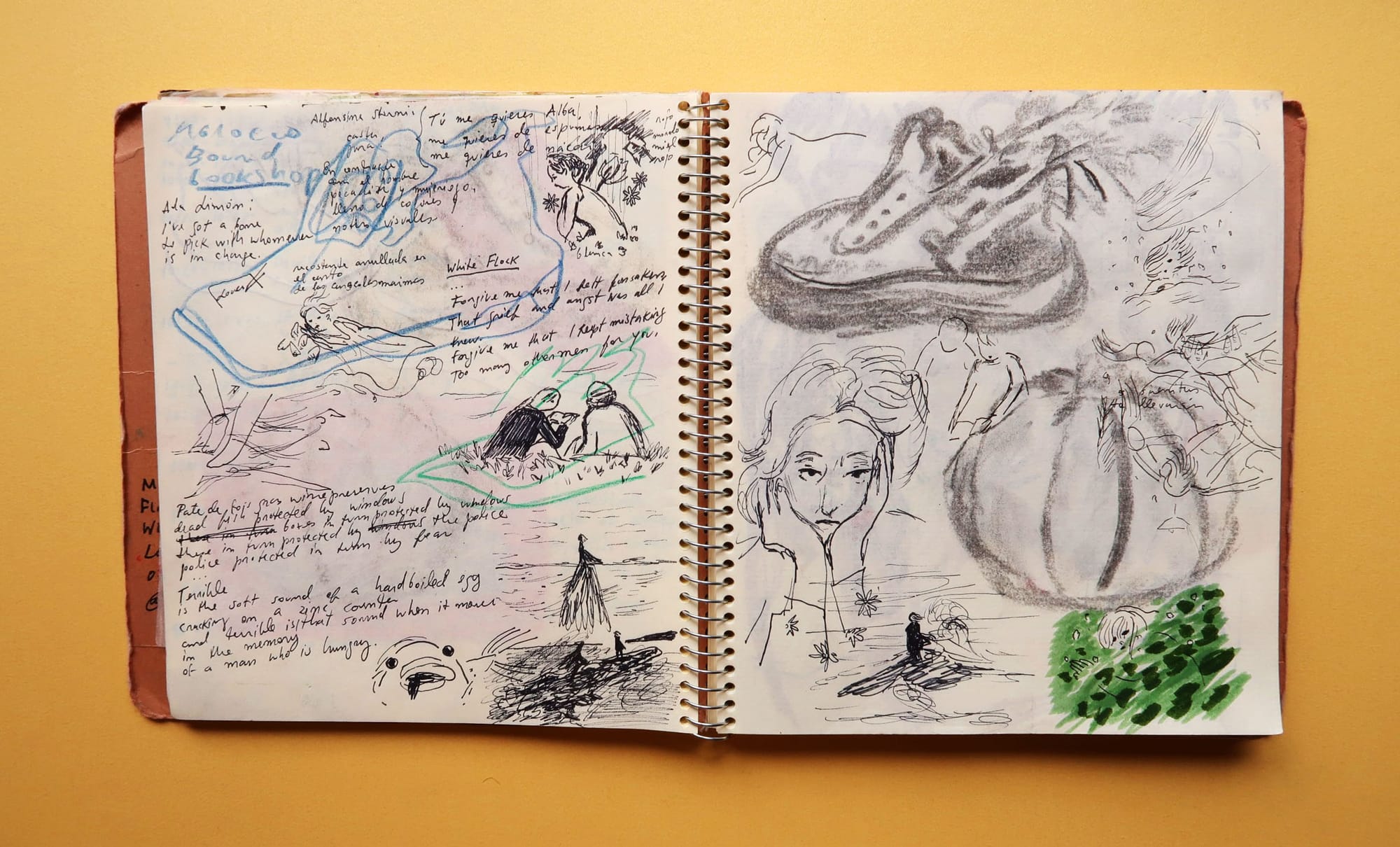 Double spread sketchbook of black and white doodles, hand written poems and notes.