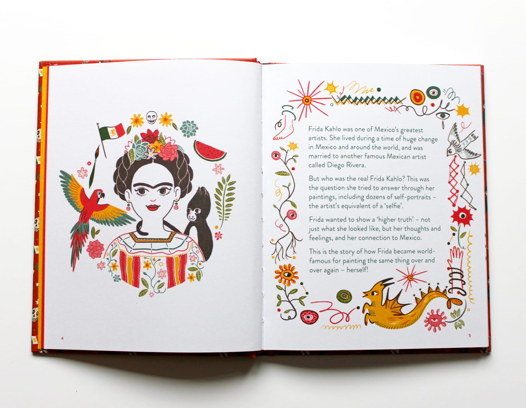 Interior spread from the book introducing Frida Kahlo's story, with stylised portrait and border of motifs: surreal plants, alebrijes, etc.