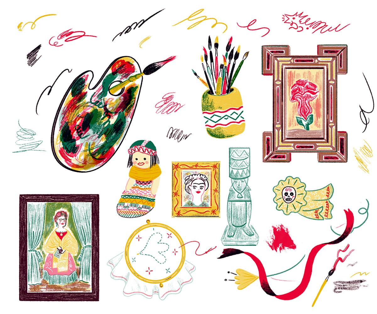 Digital drawings of paint marks, skulls, paintings, dolls and brushes