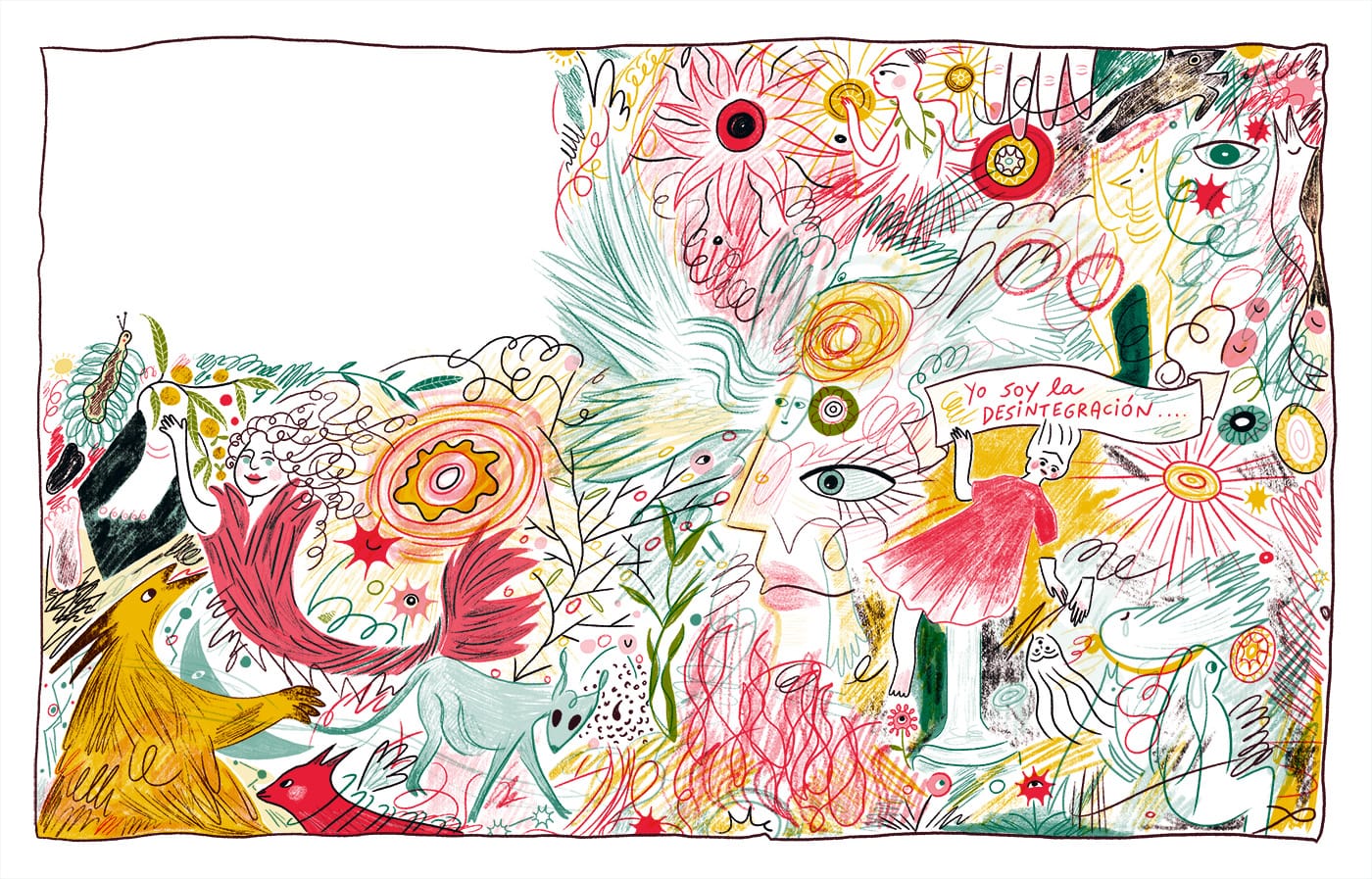 Interior spread illustration inspired by Kahlo's diaries, displaying messy sketches and surreal creatures.