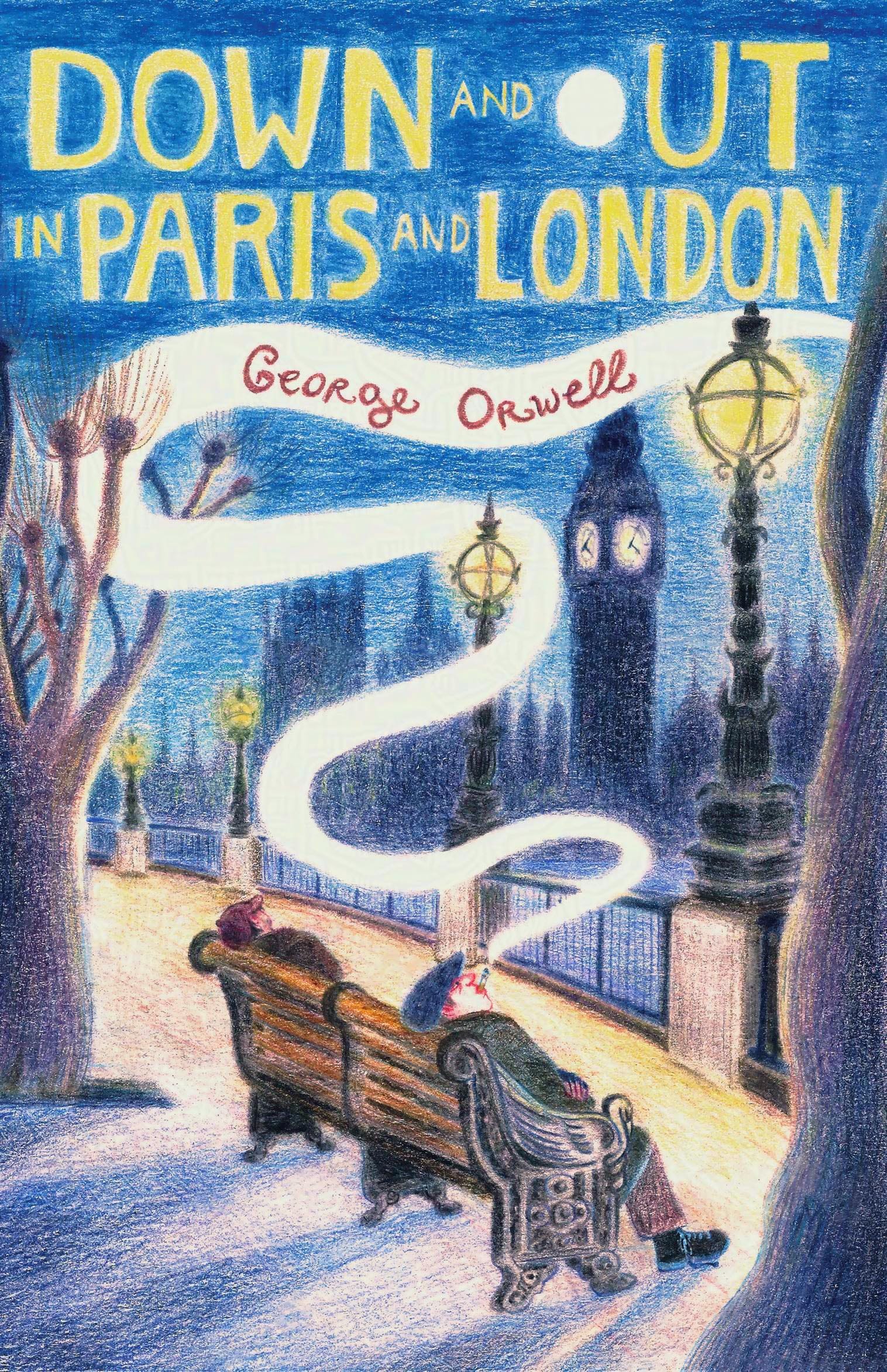 Illustrated cover of Down and Out in Paris and London by George Orwell, depicting two men sitting on a bench (respectively sleeping and smoking) by the Thames side river in London.