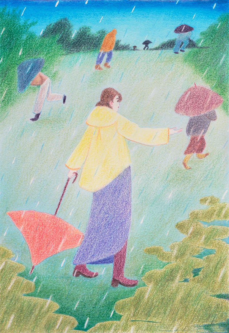 Woman with yellow raincoat standing in the rain, while umbrella-covered figures walk around her.