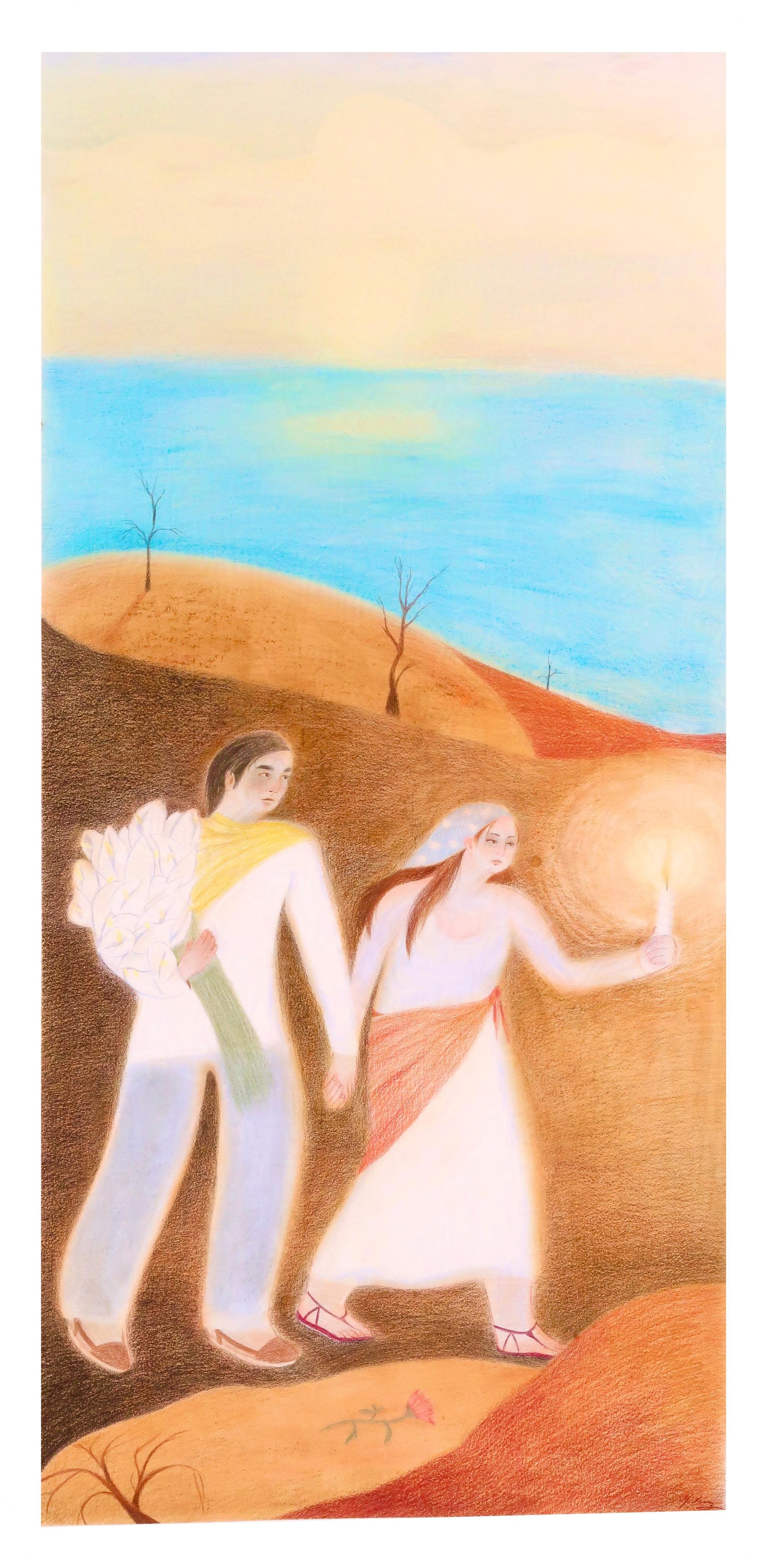 Pencil drawing of a man and a woman travelling across the desert guided by candlelight