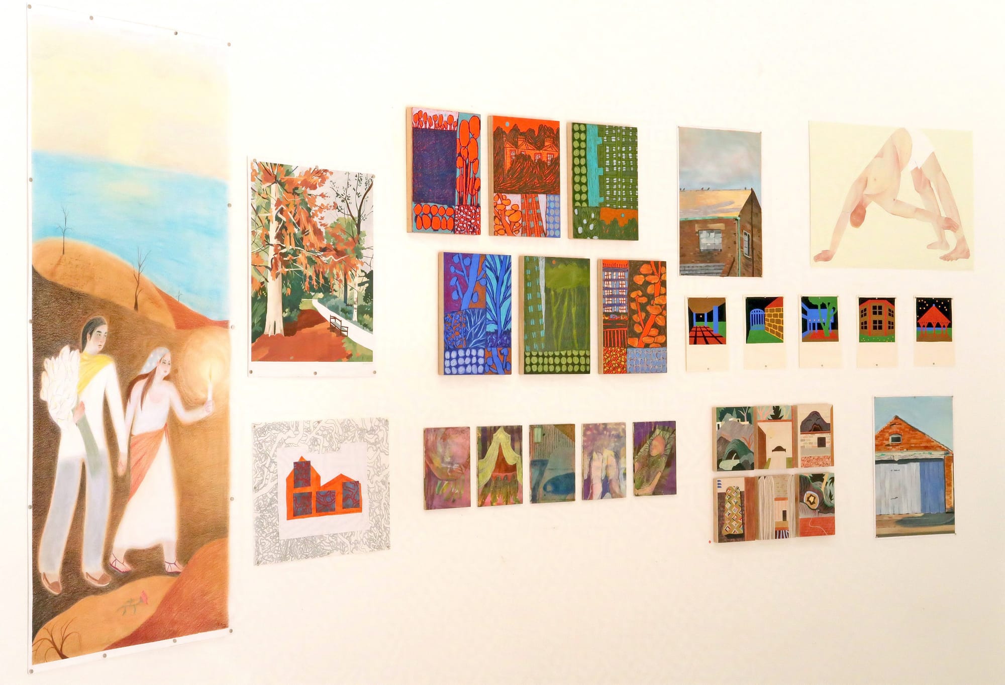 Collection of big and short scale drawings and paintings on paper and boards, showing landscapes and figures
