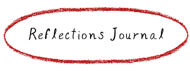 Button with red pencil circular border, reads: Reflections Journal