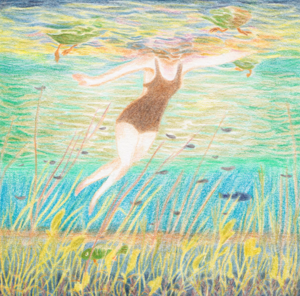 Underwater pond scene showing body of female character swimming among ducks and fishes in hues of green, blue and yellow.