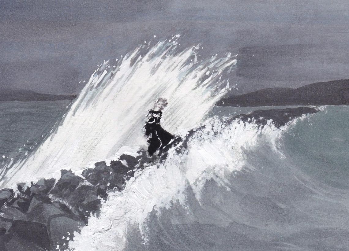 Female figure dressed in black, hit from behind by a big wave on a breakwater.
