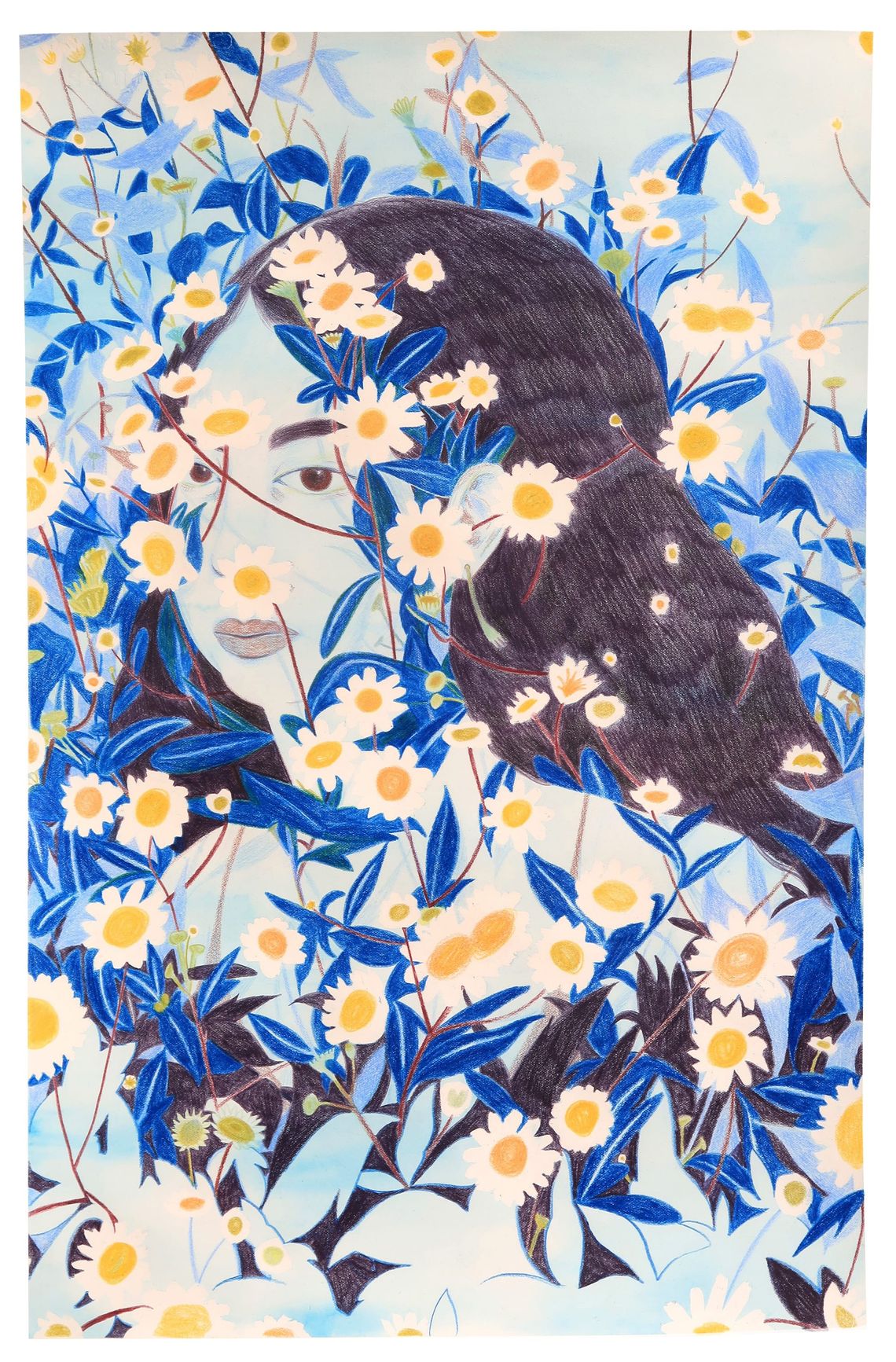 Drawing of a woman hidden by daisies and foliage, in predominant hues of blues, yellow and green.