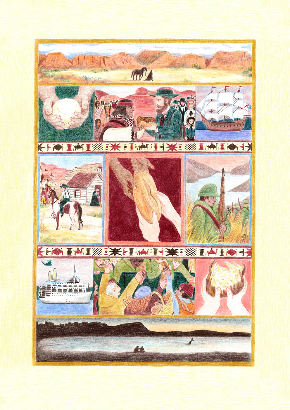 Colour pencil drawing showing different vignettes: hands tearing bread, boats, dessert, seascape, settlers and soldiers
