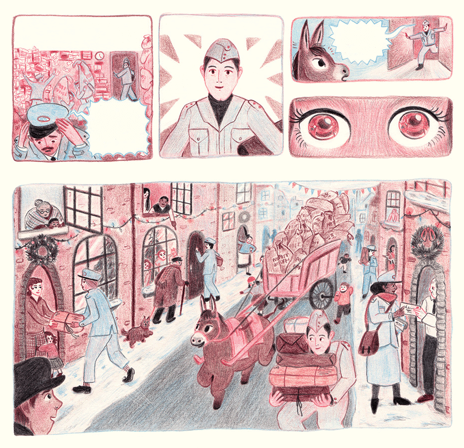 Excerpt of drawn comic depicting donkey delivering mail in a small town in war-time UK. Colour pencils on paper. By Marianna Madriz, 2026.
