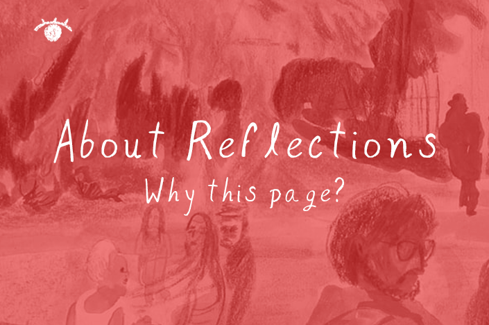 Thumbnail image of sketchbook page, tinted in red and with title of blog post 'About Reflections, why this page?'
