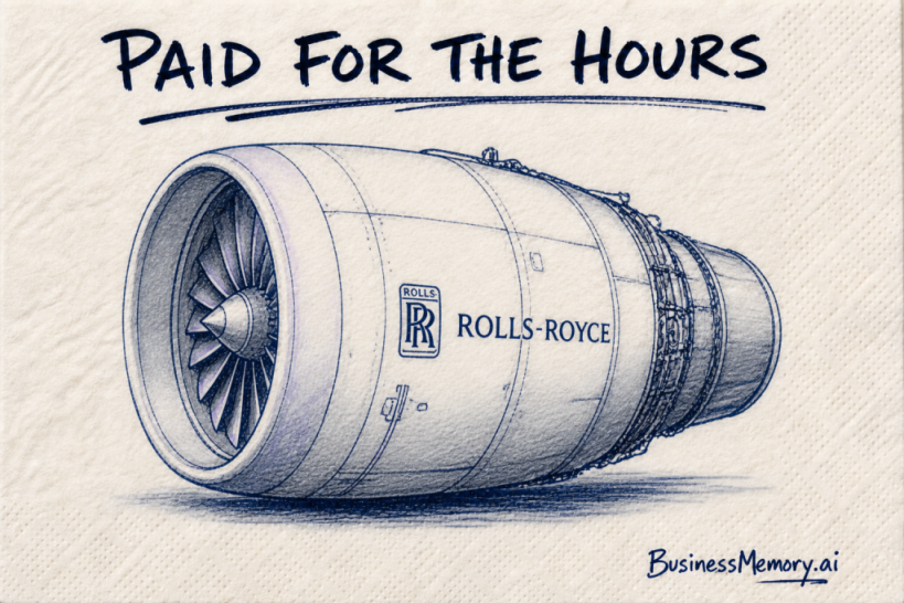 PAID FOR THE HOURS napkin — Rolls-Royce jet engine sketch