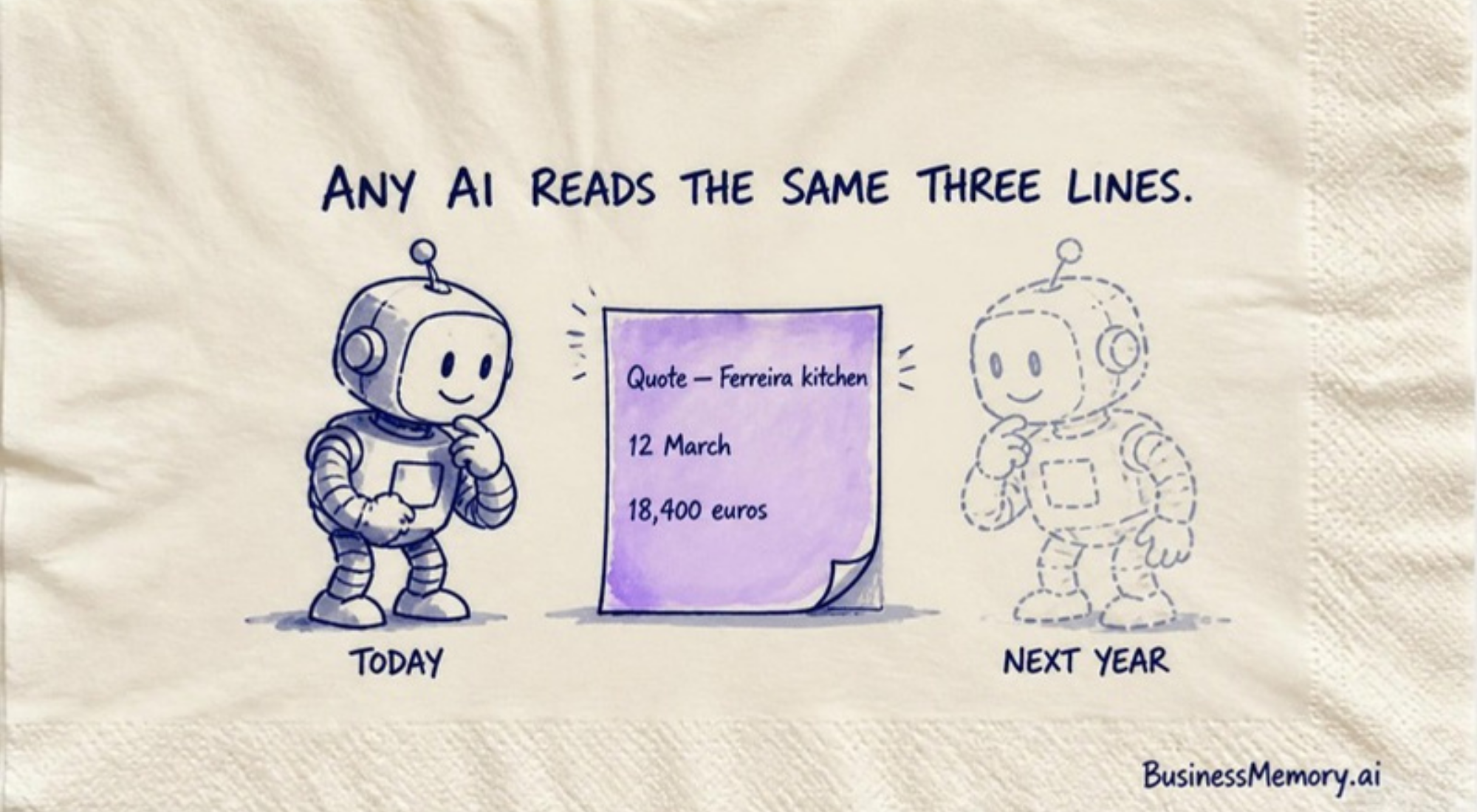 Today's AI and next year's AI, drawn in dashes, reading the same three lines: Quote — Ferreira kitchen, 12 March, 18,400 euros.