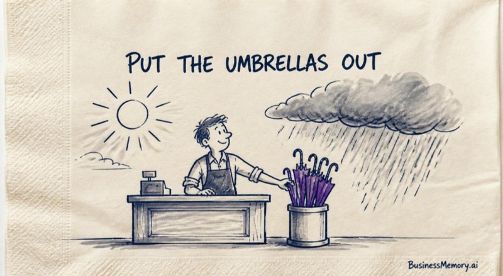 The clerk guesses that the afternoon storm will come and puts the umbrellas out; the next day's sales show if the guess was right, the habit a business memory gives the whole team.