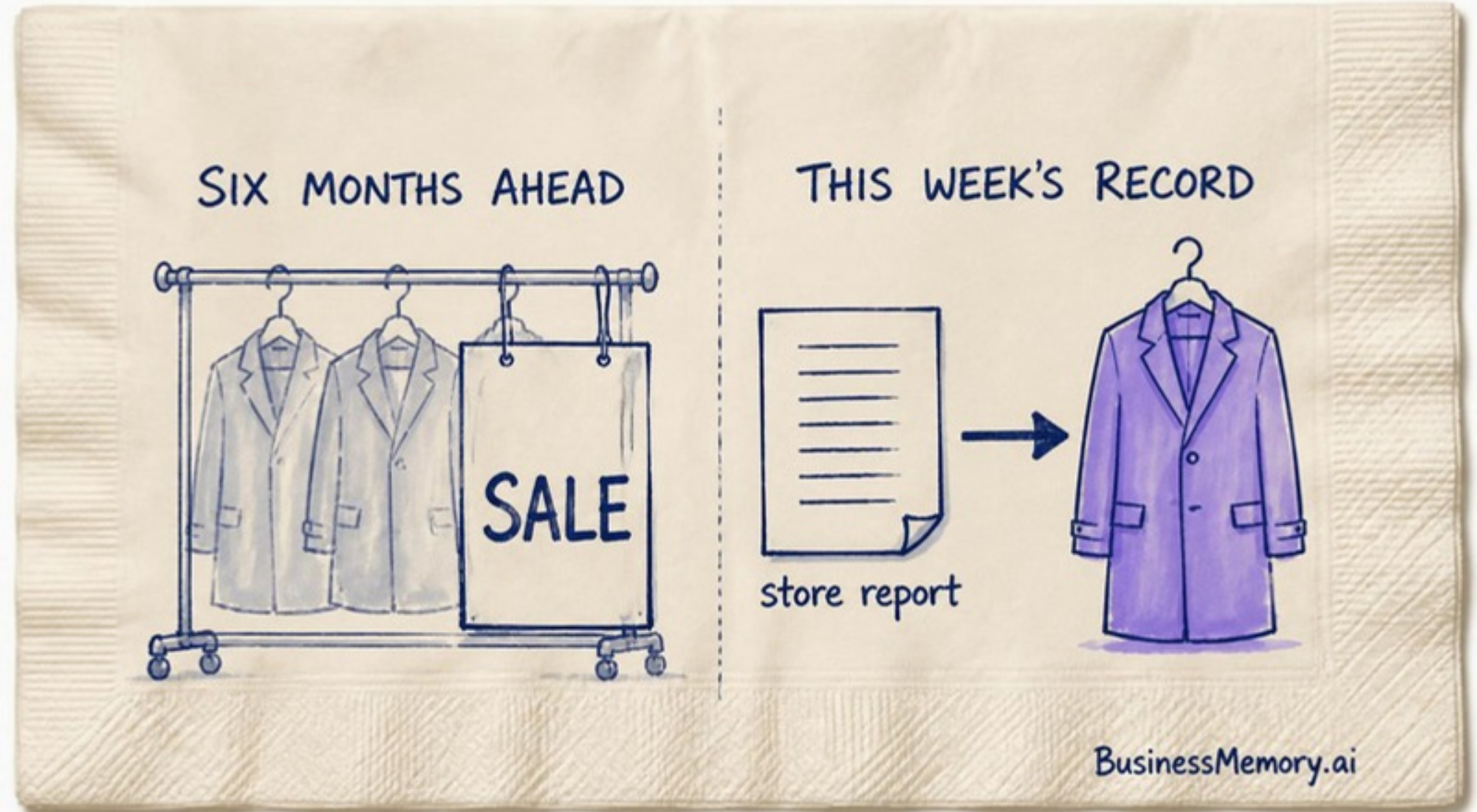 Coats decided six months ahead end on the sale rack; a store report from this week points at the one coat to make, the kind of record a business memory keeps.