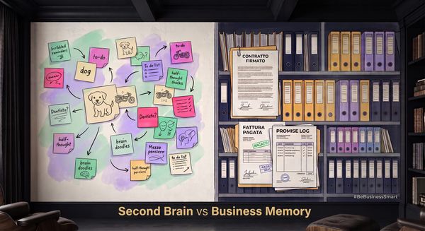 A business owner's desk with a small personal notebook of ideas beside a computer whose drawers file invoices and contracts by themselves.