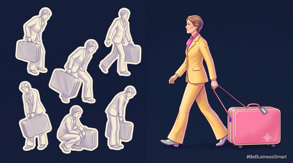 A 1970s traveler glides through an airport pulling a pink wheeled suitcase while six other travelers struggle to carry a heavy bag.