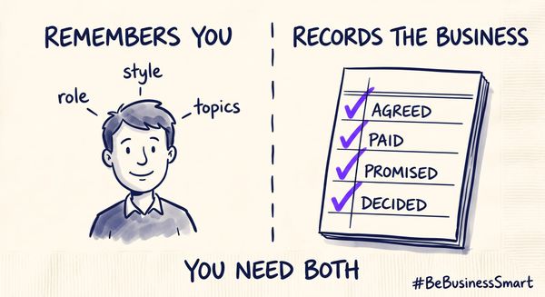 Napkin sketch split in two: a person labelled role, style, topics under REMEMBERS YOU; a ledger with violet checks by agreed, paid, promised, decided under RECORDS THE BUSINESS.